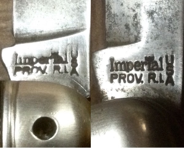 Left - The Main Blade Front Tang Stamp.<br />Right - The Blade/Wire Stripping Tool Front Tang Stamp.