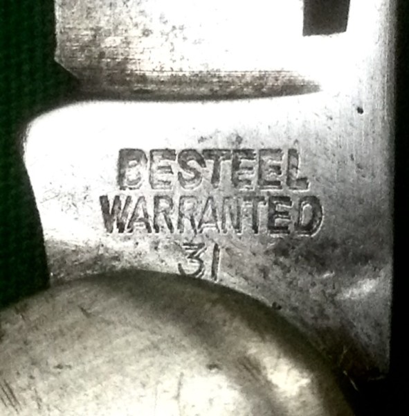 The Main Blade Front Tang Stamp.<br />Per GOINS'.....<br />"BESTEEL WARRANTED g 1945-1960"<br />Per TWELFTH EDITION - OFFICIAL PRICE <br />GUIDE TO COLLECTOR KNIVES by C. Houston Price.....<br />"Besteel Warranted c 1930s"