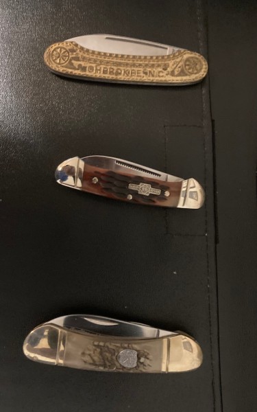 My small canoes: 3” Brass Cherokee, NC souvenir, Rough Ryder mini, 3”Frost Family series