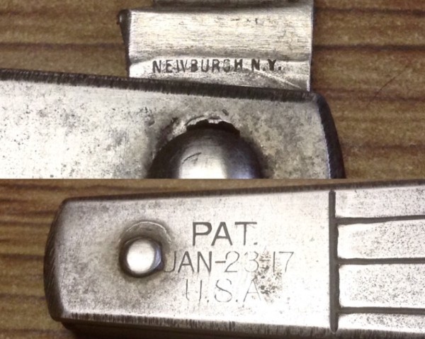 TOP - The Remains Of The Main Blade Front Tang Stamp.<br />BOTTOM - The Patent Date Handle Stamp.