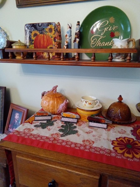 3 Case knives with fall colors waiting on Thanksgiving Day,  After Thanksgiving they'll go back into retirement being replaced by Case knives of red and green.<br />Treefarmer