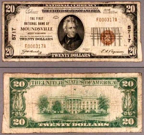 Moundsville, West Virginia, $20 T-1 National Bank Note. Circa 1929.<br />NOT My Item(s). NOT My Picture(s).
