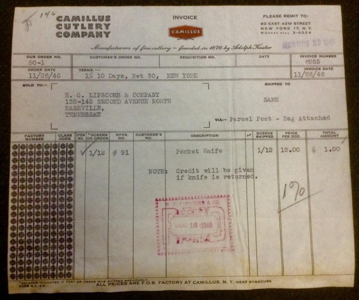 From My CAMILLUS Ephemera Collection, An Invoice From 1946. <br />It Is For One, CAMILLUS &quot;91&quot; Pocket Knife.<br />Obviously From A Different, Earlier Time Period Than My &quot;91&quot; Is.