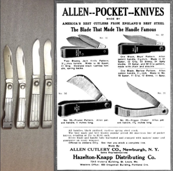 Left - With My Other Three, "Fancy" Handles Pocket Knives.<br />Right - The ALLEN CUTLERY COMPANY Pattern Ad.