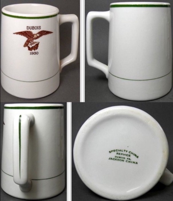 NOT My Item(s). NOT My Picture(s).<br />This Is The Owner's Description. <br />"This mug with its eagle topmark was made for the Fraternal Order of Eagles, also in Dubois, <br />Penn. The 1930 does not seem to correlate to the aerie's number, so it probably was the <br />year it was made or that the aerie was started."