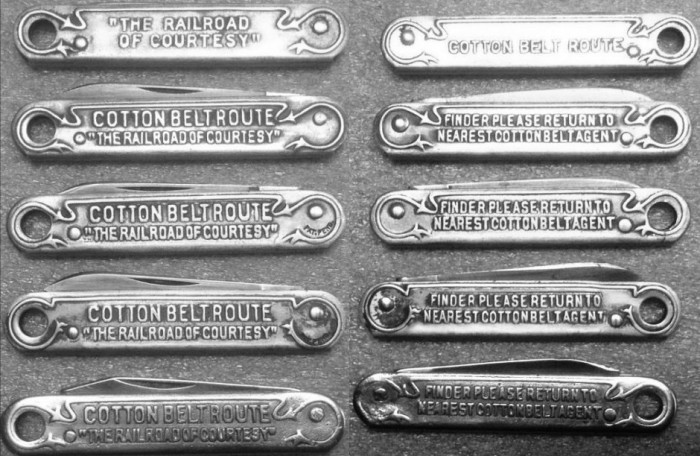 My Other Five, Both Sides, "COTTON BELT ROUTE" Pocket Knives.<br />The First Four Pocket Knives Have A "W &amp; H" Tang Stamp.<br />The Bottom Pocket Knife Has A Replaced Blade With An "Imperial" Tang Stamp.<br />Imperial (w/crown) (over) STAINLESS (over) U.S.A.