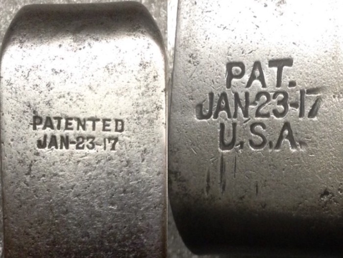 Left - The Patent Date Handle Stamp.<br />Right - The "Usual" Patent Date Handle Stamp.