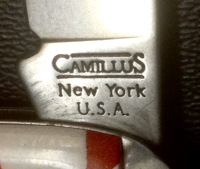 The Main Blade Front Tang Stamp.<br />CAMILLUS SB100F-"Ol' Glory" Series<br />Pocket Knife #45.