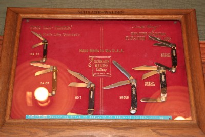 Schrade Walden Display. All tangs are stamped "Schrade Walden NY USA" I think this was a dealer display in a local hardware store, the original prices are still shown on the blue tape.