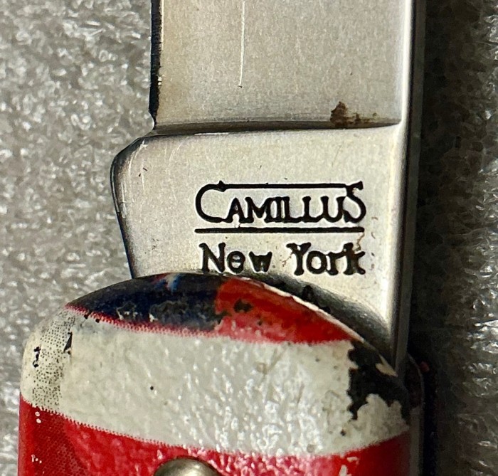 The Main Blade Front Tang Stamp.<br />CAMILLUS 907F-"Ol' Glory" Series<br />Pocket Knife #48.