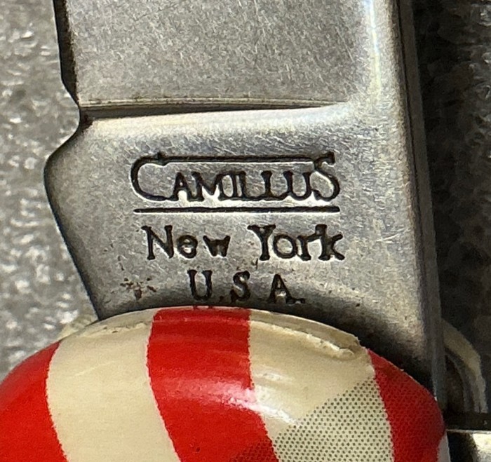 The Main Blade Front Tang Stamp.<br />CAMILLUS 907F-"Ol' Glory" Series<br />Pocket Knife #53.