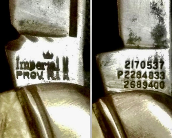 Why I Think My Above, “UNBRANDED” Pocket Knife, Had Or Should Have An “Imperial”, Main Blade Tang Stamp.<br />Left - The Main Blade Front Tang Stamp On One Of My Other “Imperial”, Two Blades, Pocket Knife. AND…..<br />Right - The EXACT Same Pattern #’s, In The EXACT Same Order, On The Secondary Blade, Front Tang Stamp.<br />If It’s Not An “Imperial”, Then A “Hammer Brand” Perhaps?