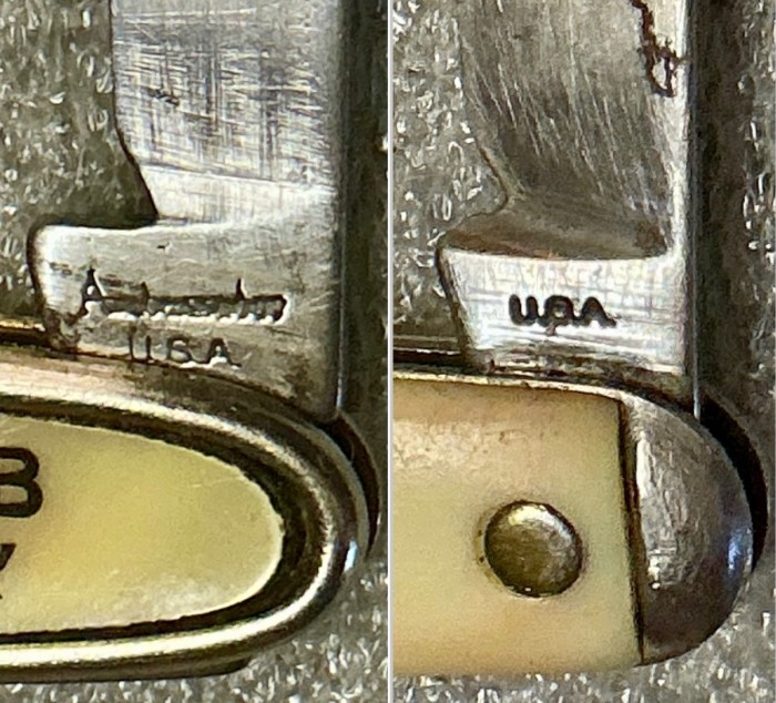 Left - The Main Blade Front Tang Stamp - Pocket Knife Pictures #5 and #6.<br />Right - The Main Blade Front Tang Stamp - Pocket Knife Pictures #7 and #8.