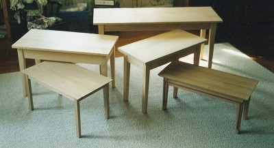 Various benches and small tables.